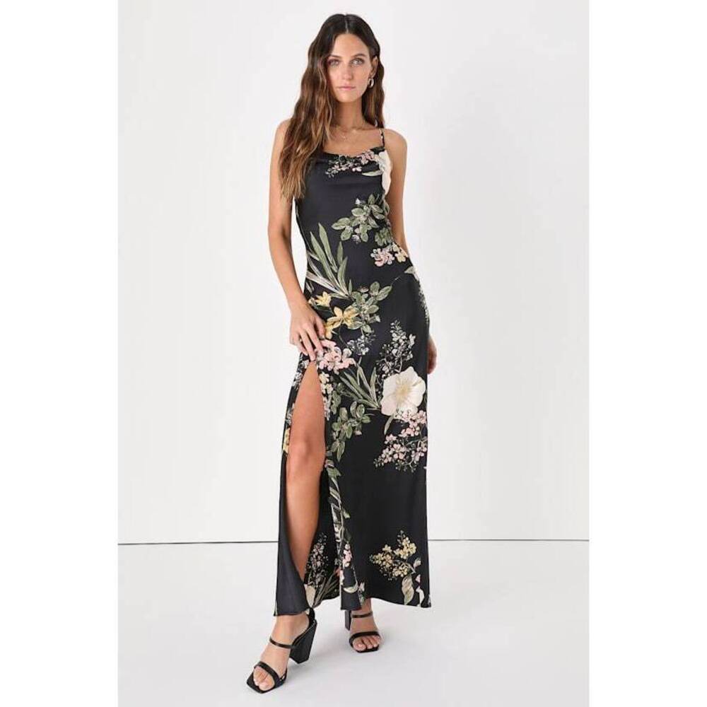 Lulus All About The Drama Black Floral Satin Cowl Neck Maxi Dress - Size M